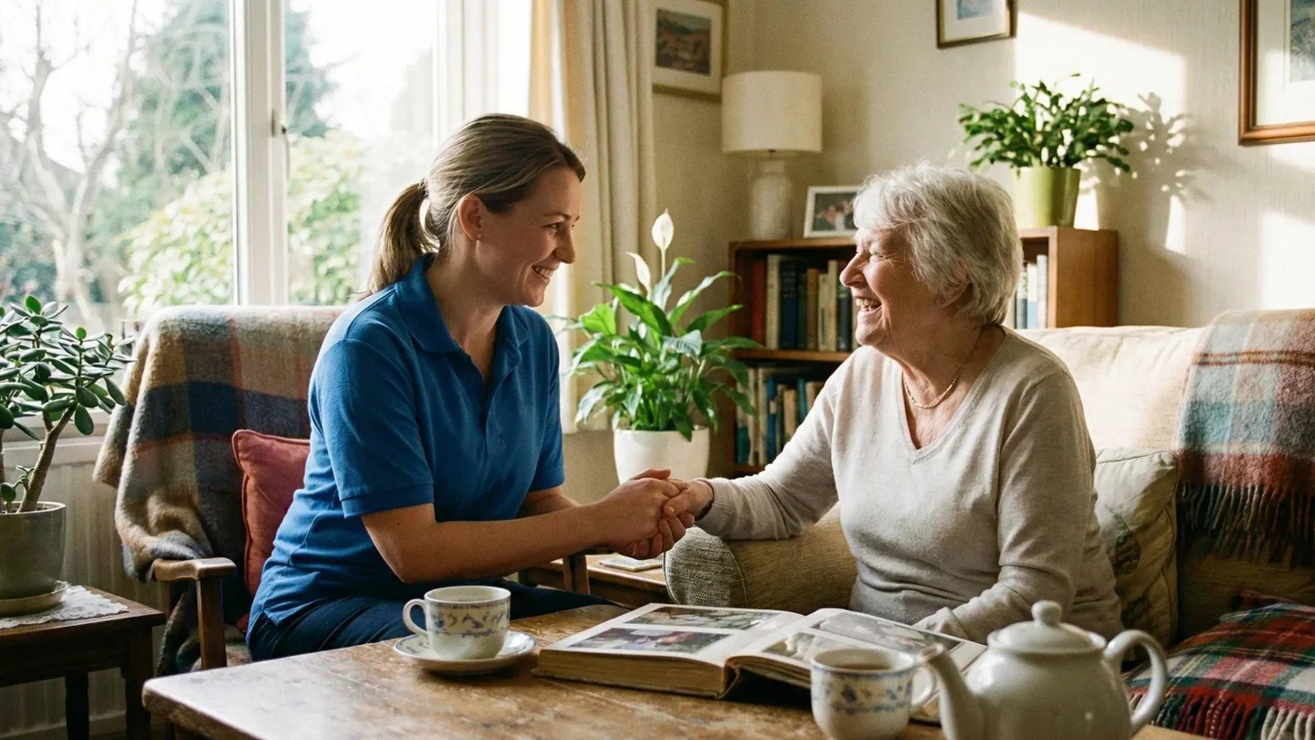 A care worker talking with an older adult at home